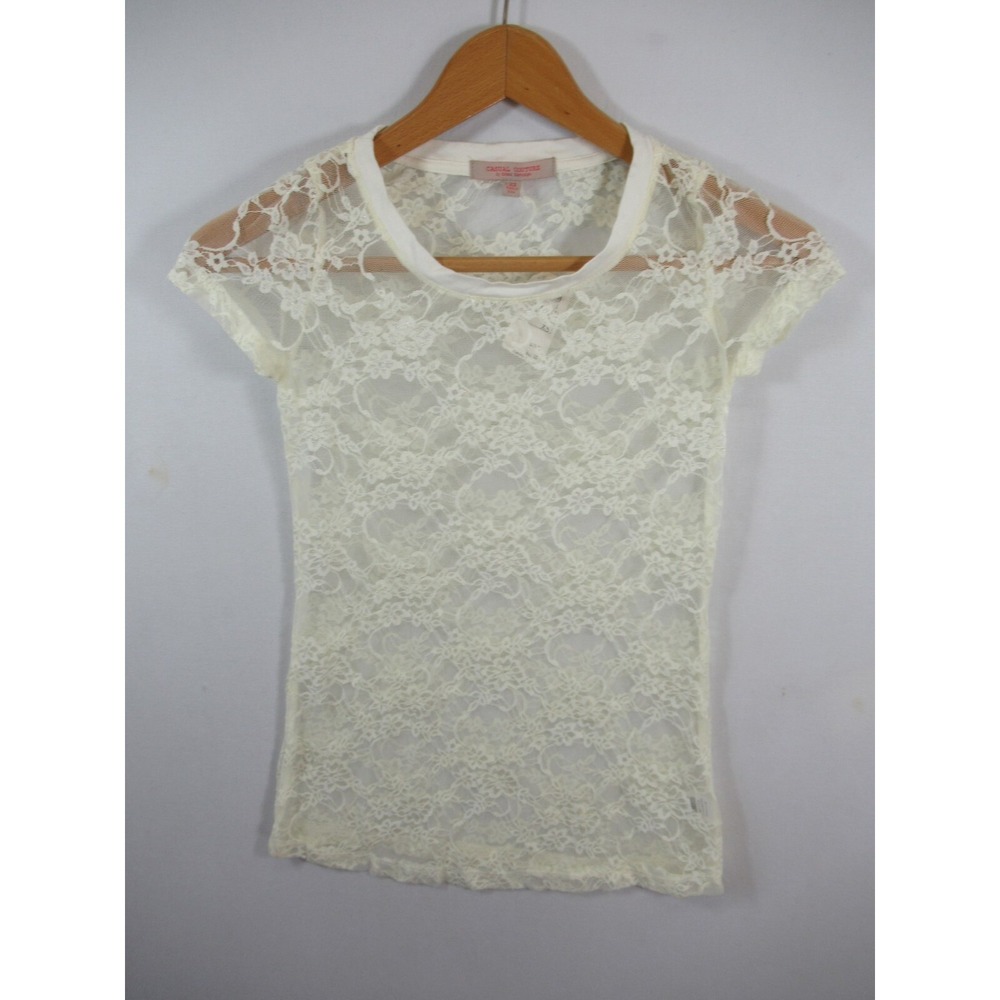 NEW Casual Couture by Green Envelope Sheer Lace Top Women XS Ivory Short Sleeve